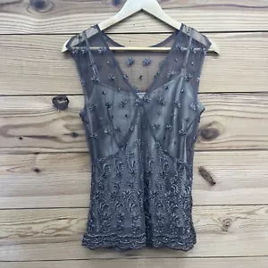 Spiegel Shirt Women 4 Brown Sheer Two Layer Mesh Beaded Lace Y2K Style Girly B74 - Picture 1 of 12