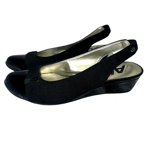 AK Anne Klein Sport Cute Patent Black Strappy Sling Back Low Wedge Shoe Size 7M - Picture 1 of 8