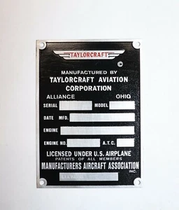 Taylorcraft Data Plate, Duplication of Original, Acid Etched, Best There Is! - Bild 1 von 1