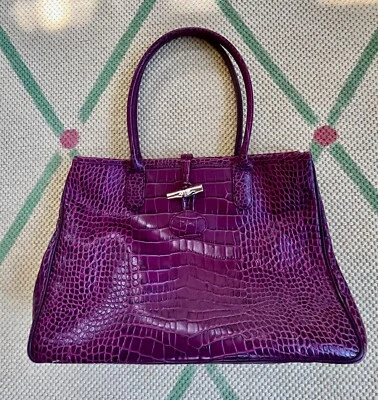 BOLSO DE HOMBRO LONGCHAMP CROC ROSEAU Púrpura COCODRILO CUERO EN RELIEVE MONEDERO Foto 1 de 4