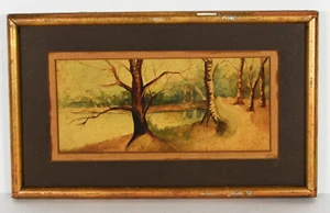 6" Antique Watercolor Painting Paper Miniature Forestscape Old Lake Decor View - Picture 1 of 5