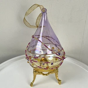 Hand Blown Iridescent Art Glass Christmas Tree Ornament Teardrop Shape Beaded 5" - Imagen 1 de 5