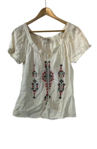 LUCKY BRAND White Embroidered Short Sleeve Cotton Casual Peasant Top XS - Picture 1 of 7