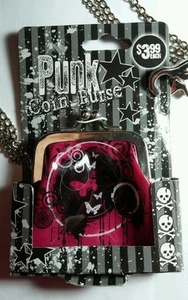 PUNK COIN PURSE CHAIN CLIP BUTTERFLY PINK BLACK CIRCLES TONE KEY CHAIN - Picture 1 of 2