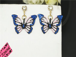 New  Betsey Johnson Blue AB Rhinestone Butterfly Crystal Stand Earrings Gift