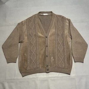VTG Cable Knit Suede Pocket Cardigan Sweater Fisherman Preppy Grandpa-XL-8568 - Picture 1 of 11