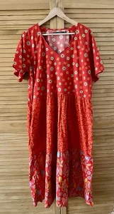 GUDRUN SJODEN Midi Floral Dress Organic Cotton Red Orange Size Medium - Picture 1 of 8