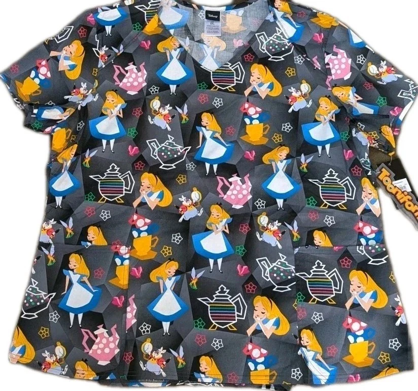Tooniforms Disney Alice in Wonderland Scrub Top Women 2X NWT Shirt Nursing - Image 1 of 4