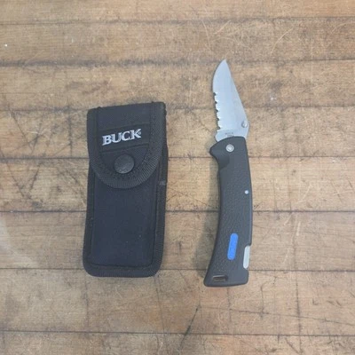 BUCK USA 450 Pocket Knife w/ Sheath - Black/Blue - Combo Blade - 2004 - Image 1 of 4