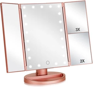 Specchio Trucco Vanità Illuminato Tri-Fold con 3x/2x 10,8"L x 13,6"W, Oro Rosa  - Foto 1 di 7