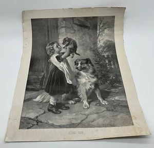 Antike Druck Radierung von George Augustus Holmes Mädchen mit Hund Kiss Me - Bild 1 von 19