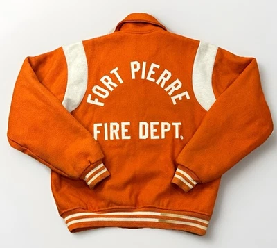 Vintage 60s 70s Fort Pierre Fire Department Wool Varsity Jacket Orange Men LARGE - Image 1 of 4
