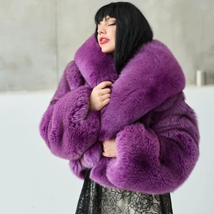 Lila wunderschöner echter Fuchspelzmantel Damen Luxus Winter flauschig kurz Oberbekleidung Revers - Bild 1 von 8