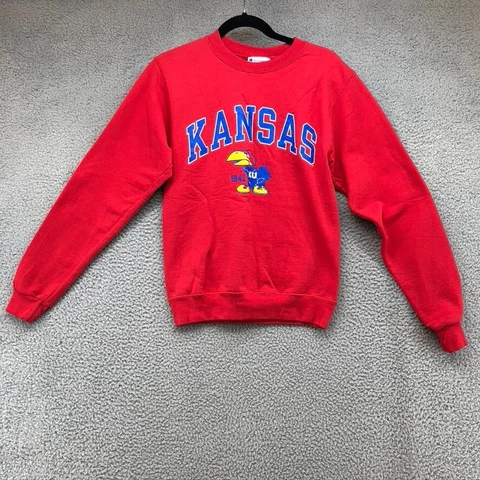 University Of Kansas Sweatshirt Red Long Sleeve Pull Over Crew Neck Womens XS Cover