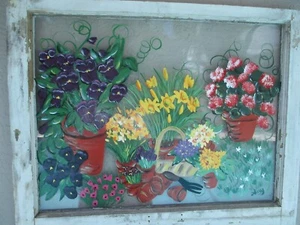 Vintage Farmhouse old wood window window hand painted garden art 24" x 30" - Picture 1 of 5