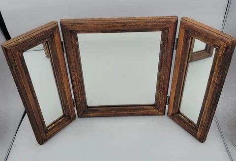 Antique Oak Framed Tri-Fold Shaving Mirror Wood Handcrafted Primitive Cover