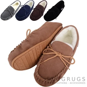 SNUGRUGS Mens Genuine Suede Moccasin Sheepskin Slippers Rubber Sole sizes 6-15 - Picture 1 of 6