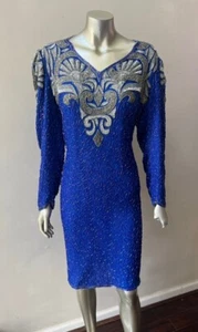 Vestido de fiesta midi retro azul plateado vintage años 90 con cuentas de seda 10 - Imagen 1 de 5