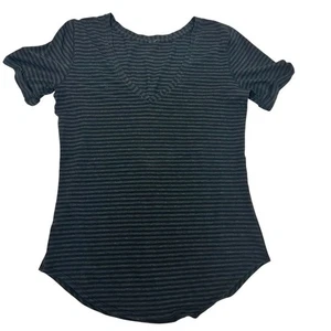 Lululemon Love Tee V-Neck T-shirt Striped Black Gray Short Rolled Sleeves Womens - Picture 1 of 6
