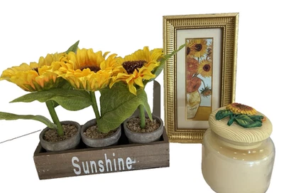 Paquete de decoración del hogar de girasol - Vela de vainilla con marco de flores sintéticas en maceta Van Gogh Foto 1 de 4