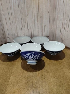 VTG Signed Set Of 6 Japanese Blue Porcelain Rice Soup Bowl Dami Sakana Fish - Picture 1 of 9