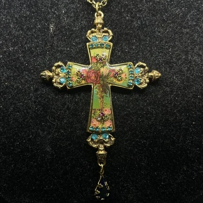 Necklace Michal Negrin Crystals flowers Cross Christian religion Made in Israel - Image 1 of 4