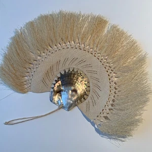 Vtg Rito Fan Cook Islands Hand Woven Palm Leaf Oyster Shell Roratonga Tiki Aloha - Picture 1 of 15