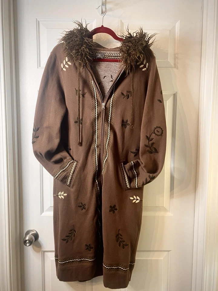 VERYRARE Y2K Lucky Brand Long Embroidered ZipUp Fur Hoodie Hippie Boho Festival - Image 1 of 4
