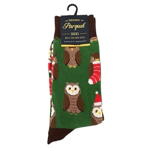 Parquet Socks Christmas Hat Owl Holiday Men's Sz 10-13 Stretch Novelty Easy Care - Picture 1 of 8