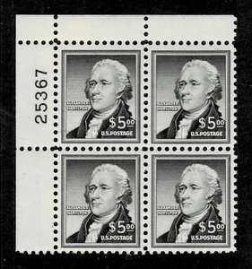 1954, #1053, $5. Hamilton plate # blk/4. MNH, Beautiful blk. - Picture 1 of 4