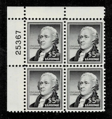 1954, #1053, $5. Hamilton plate # blk/4. MNH, Beautiful blk. - Image 1 of 4