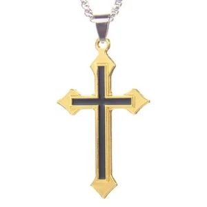 Gold Black Layer Cross Pendant Necklace Chain Mens Womens Christian Jewelry Gift - Picture 1 of 4