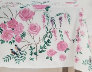 Stoff bedruckte Tischdecke, 60"x84" länglich, Vögel & Blumen, rosa Rosen, Bella, I & F - Bild 1 von 22
