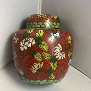 Barattolo zenzero cloisonné vintage, rosso con fiori e interno blu, marcato Cina - Foto 1 di 15