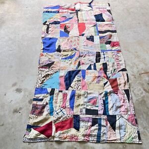 vtg crazy quilt handmade multicolored velvet silk 37x70 retro boho shabby