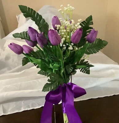 Real touch purple tulip and baby breath bridal bouquet - Image 1 of 4