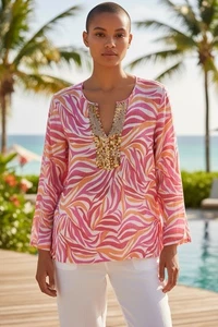 Mercer & Madison Damen 100% Leinen Pailletten Top Rosa Weiß Orange Gr. L Resort Wear - Bild 1 von 5