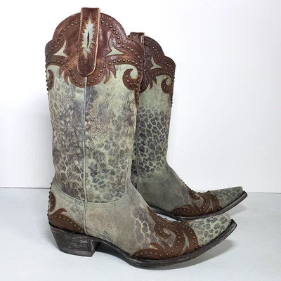 Old Gringo Leopardito FLEUR-DE-LIS Sz 9 B Turq Brown Suede Leather Studded Boots - Image 1 of 4