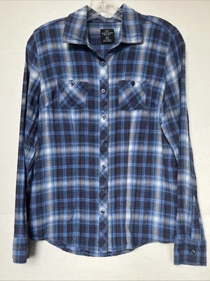 Camisa de flanela de algodão orgânico azul com botões chique ocidental tamanho P feminina - Imagem 1 de 4