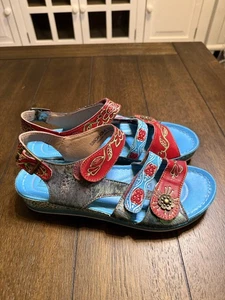 Spring Step L'Artiste Sandals Womens Size 40 Red Blue Sumacah Leather Floral - Picture 1 of 11