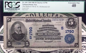 1902 5 $ National Currency Banknote *RICHMOND* KY Fr#601 PCGS XF40 CH#1790 ECC&C - Bild 1 von 7
