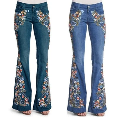 👖Ladies Floral Flared Denim Pants Jeans Womens Flower Bell Bottoms Trousers UK - Image 1 of 4