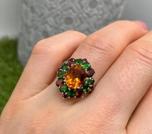 Anillo de piedras preciosas de diopsido de cromo citrino natural, granate, plata 925, tamaño 8,25 EE. UU. - Imagen 1 de 5