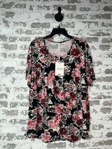 NEW! Tencede Plus Size Tunic Short Sleeve Crew Neck Blouse Black Begonia 3X - Picture 1 of 8