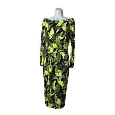 Va Va Voom Maxi Dress Banana Lime Print Long Sleeve Sexy Green Black Size Medium - Image 1 of 4