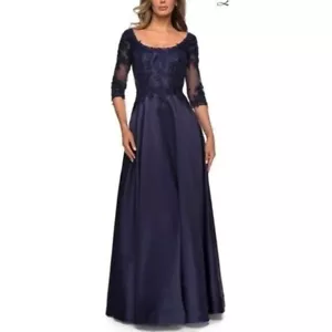 Neu mit Etikett La Femme marineblau 27988 bestickt 3/4-Ärmel Satin festliches Kleid Größe 18 - Bild 1 von 5