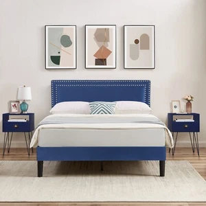 VECELO Upholstered Bed Frame Mattress Foundation Twin/Full/Queen with Headboard - Picture 1 of 59