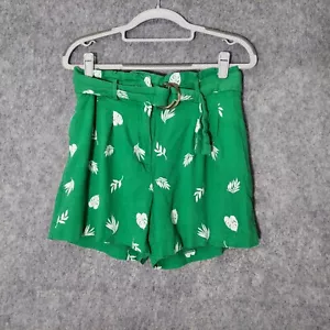 Ann Taylor Shorts 2 Linen Paperbag Embroidered Leaves Belt Pleated Green Pockets - Picture 1 of 10