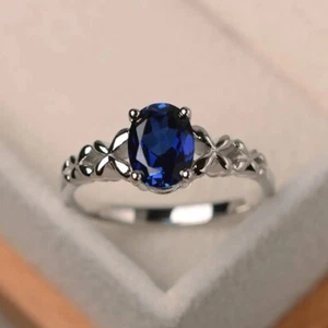 Dainty Blue Sapphire Women Ring Lab Created Oval Gemstone Sterling Silver Ring - Picture 1 of 5
