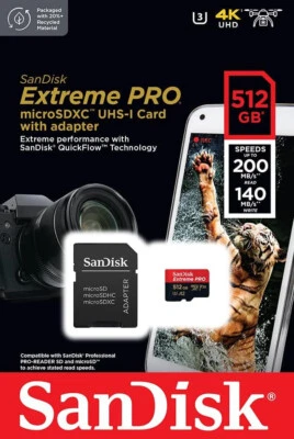 SanDisk 512GB Micro SD SDXC MicroSD Class 10 Extreme PRO 200MB/s SDSQXCD-512G - Bild 1 von 4